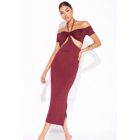 Burgundy Halter Neck Off Shoulder Short Sleeve Slit Cutout Bodycon Midi Dress - Picture 2 of 13